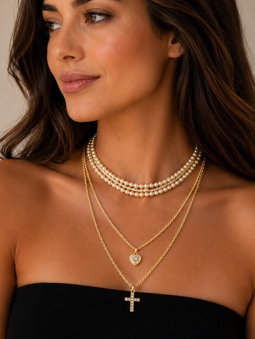 Y2k Glass Pearl Layered Chain Cross Heart Pendant Flapper Necklace